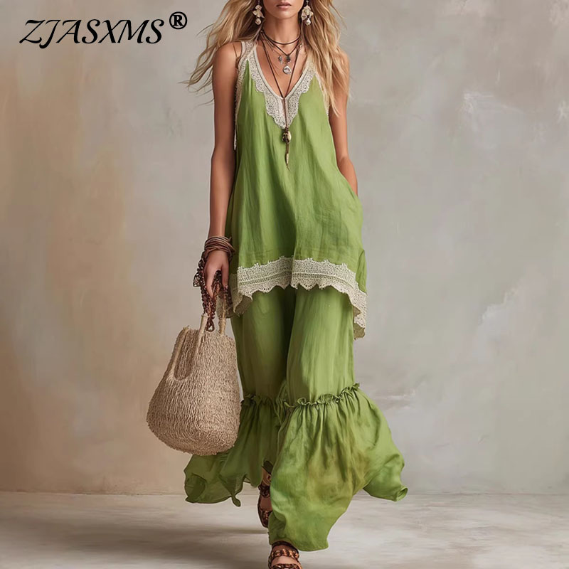 Lace Trim Cami - 女性用レーストリム2ピースマッチングセットVネックノースリーブキャミフリルフレアワイドレッグパンツスーツ新作ボヘミアンサマービーチリゾート衣装