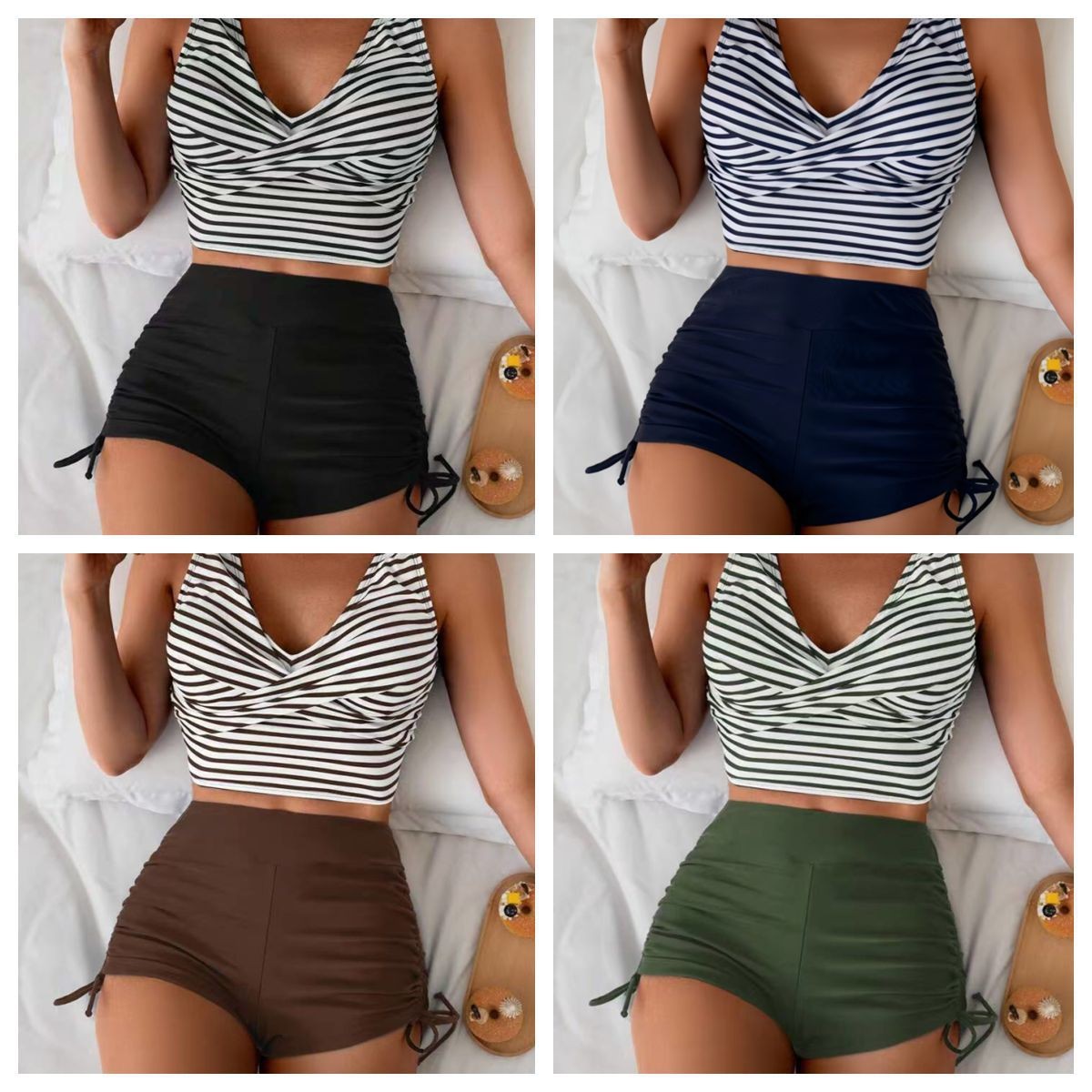Crop Top Women - 女性水着ビキニクロップトップハイウエストショーツビキニストライプトップ水着クロスバックツーピース水着女性水着