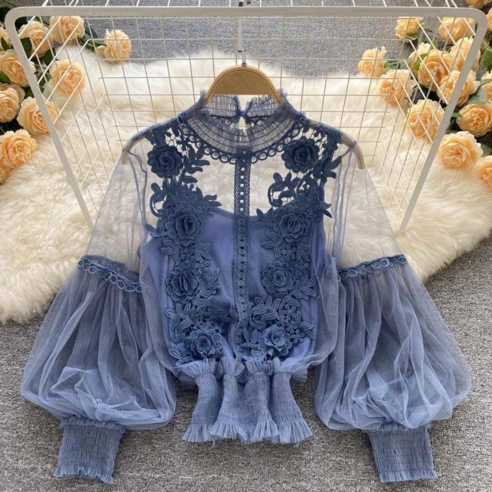 Puff Sleeve Blouse - 2 ピース/セットレースパフ長袖ブラウスヴィンテージファッションブラウスエレガントなファム Blusas 韓国トップス女性シャツ服