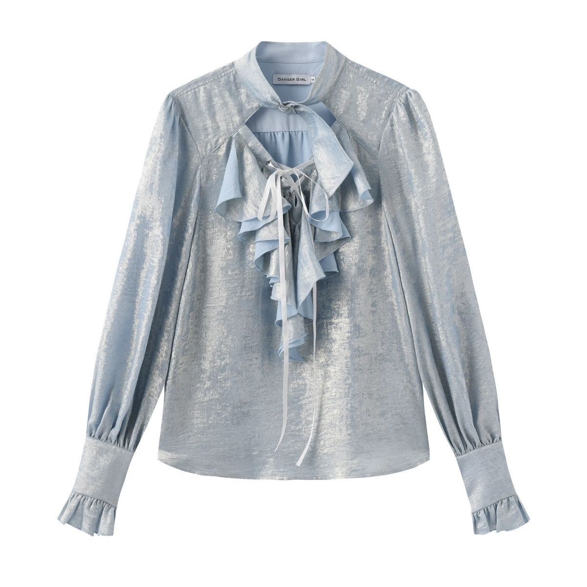 Puff Sleeve Blouse - 和菓子風クールフリルトリムレースアップパフスリーブシャツティーパーティーコスプレレトロ宮殿風光沢メタリックロリータブラウス