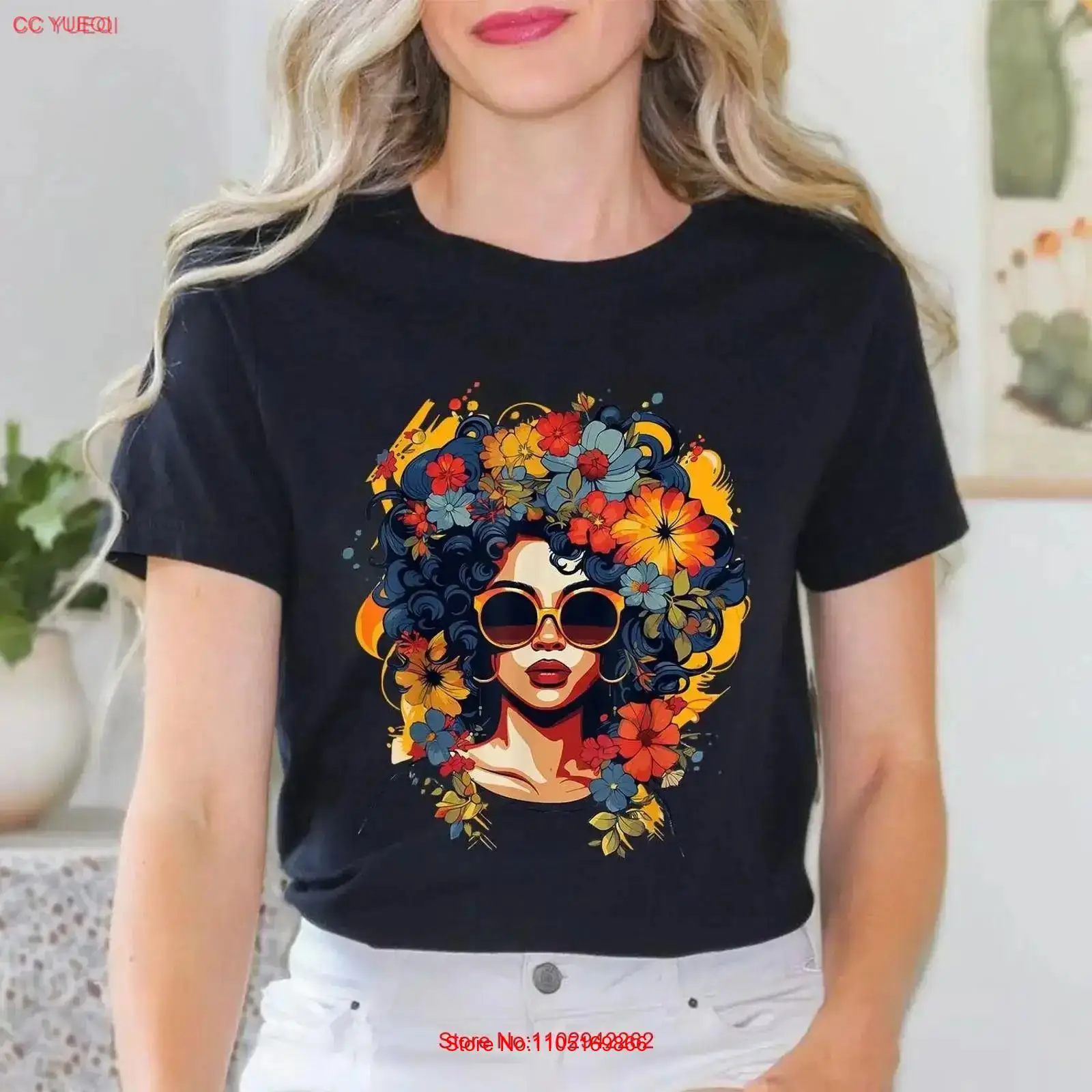 Women Fashion History - 黒人歴史 T シャツ 女性用 アフロ フラワー