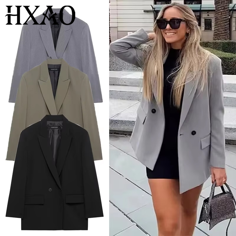 Blazer Women Oversized - HXAO ブレザー女性のための黒グレーロングブレザー女性オフィスウェア長袖ソリッドブレザーオーバーサイズ高品質女性のブレザー