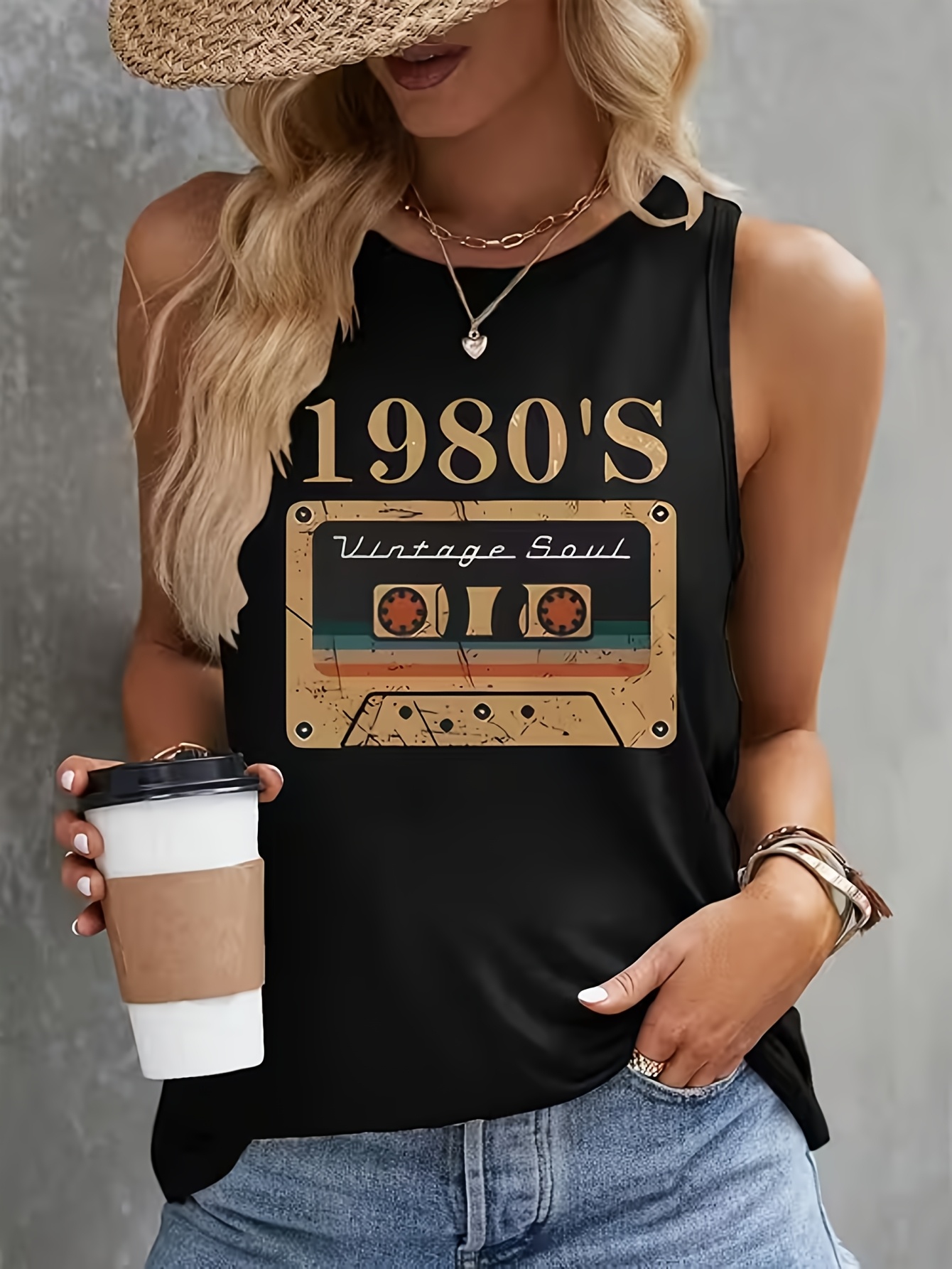 Women'S Fashion In The 90S - トレンディな多用途レディースタンクトップ 1980年代ヴィンテージグラフィックプリントTシャツ 90年代ベストTシャツ クルーネックノースリーブTシャツ服