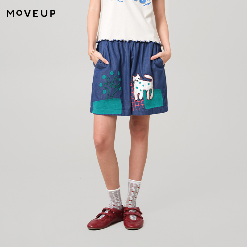 Women Fashion Fun - MOVEUP カジュアルワイドレッグデニムショーツ 2026 夏新楽しい刺繍ポケット純綿ファッションデザインショーツ女性のための 3ELX40314