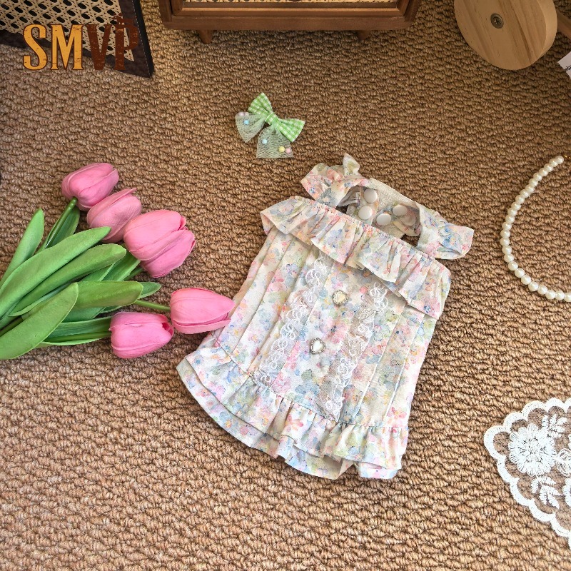 Lace Trim Cami - パステルフローラルペットキャミドレスフリルショルダーボウレーストリムハートボタン薄型通気性春夏小型ペット服服