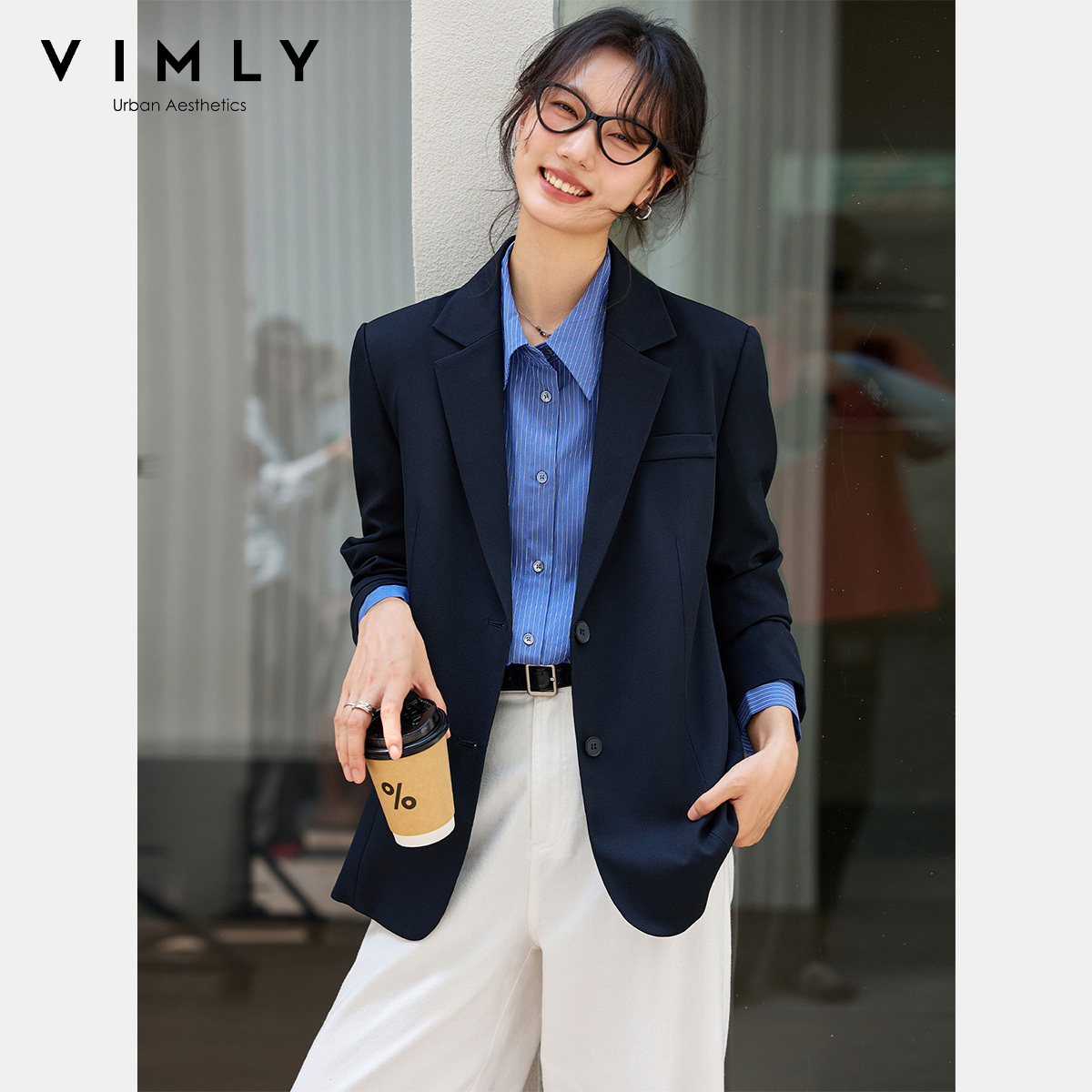 Blazer Women Oversized - VIMLY レディース ネイビー ブルー ジャケット 秋