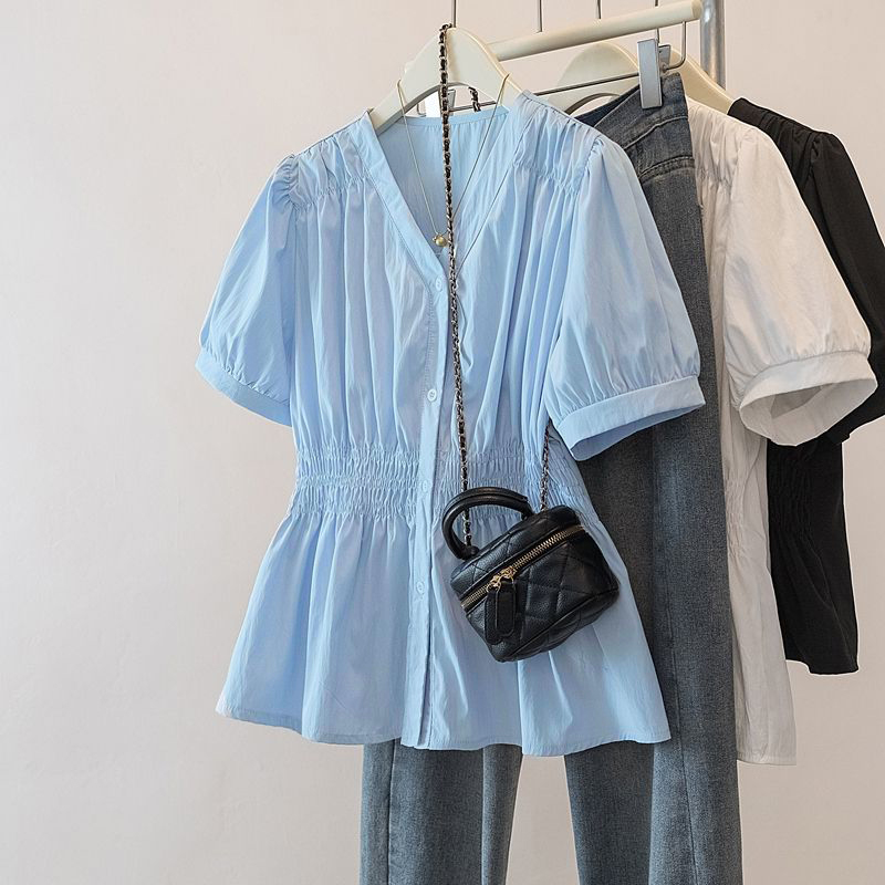 Puff Sleeve Blouse - 200ポンドプラスサイズ弾性ウエストオフィスレディトレンドシャツとブラウスソリッドカラートップ女性服Vネックフレンチシックベーシック