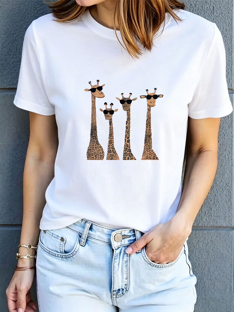 Women'S Fashion In The 90S - ファッショナブルでキュートなキリン柄プリントのレディースカジュアル半袖クルーネックTシャツトップス、グラフィックシャツ、90年代風の女性用服