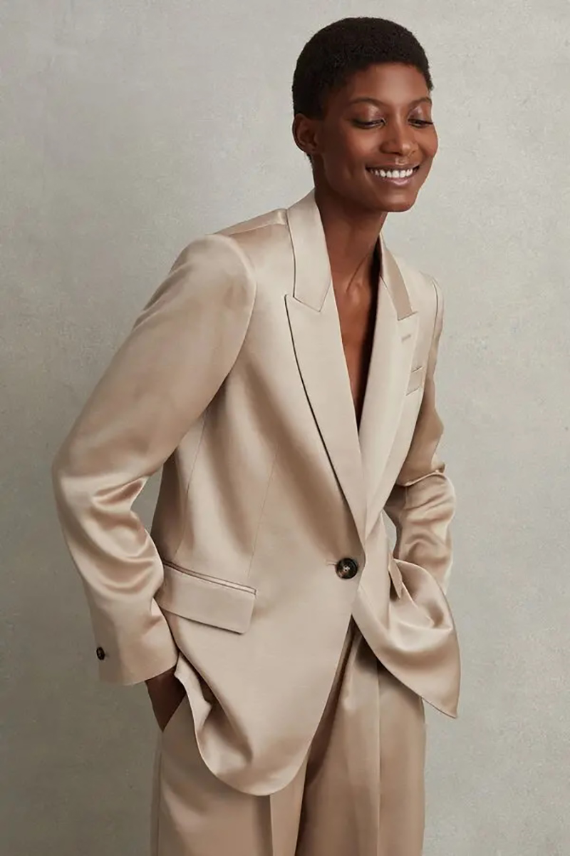 Blazer Women Oversized - Allingentle シルクサテン女性スーツセット 2 ピースブレザージャケット 1 ボタンレジャースタイルオーバーサイズワイドレッグパンツスーツカスタマイズ