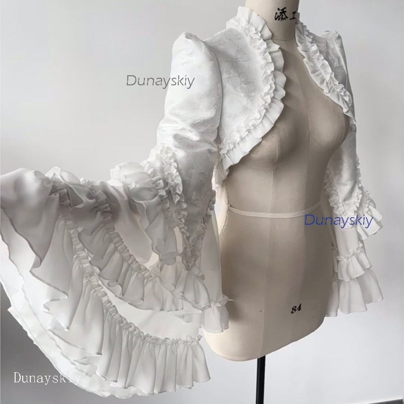 Puff Sleeve Blouse - ゴシックパーティーヴァンパイアロリータオウジレイヤリングセットフレアパフスリーブブラウスレーストリムベスト長袖コート、ジライ系衣装