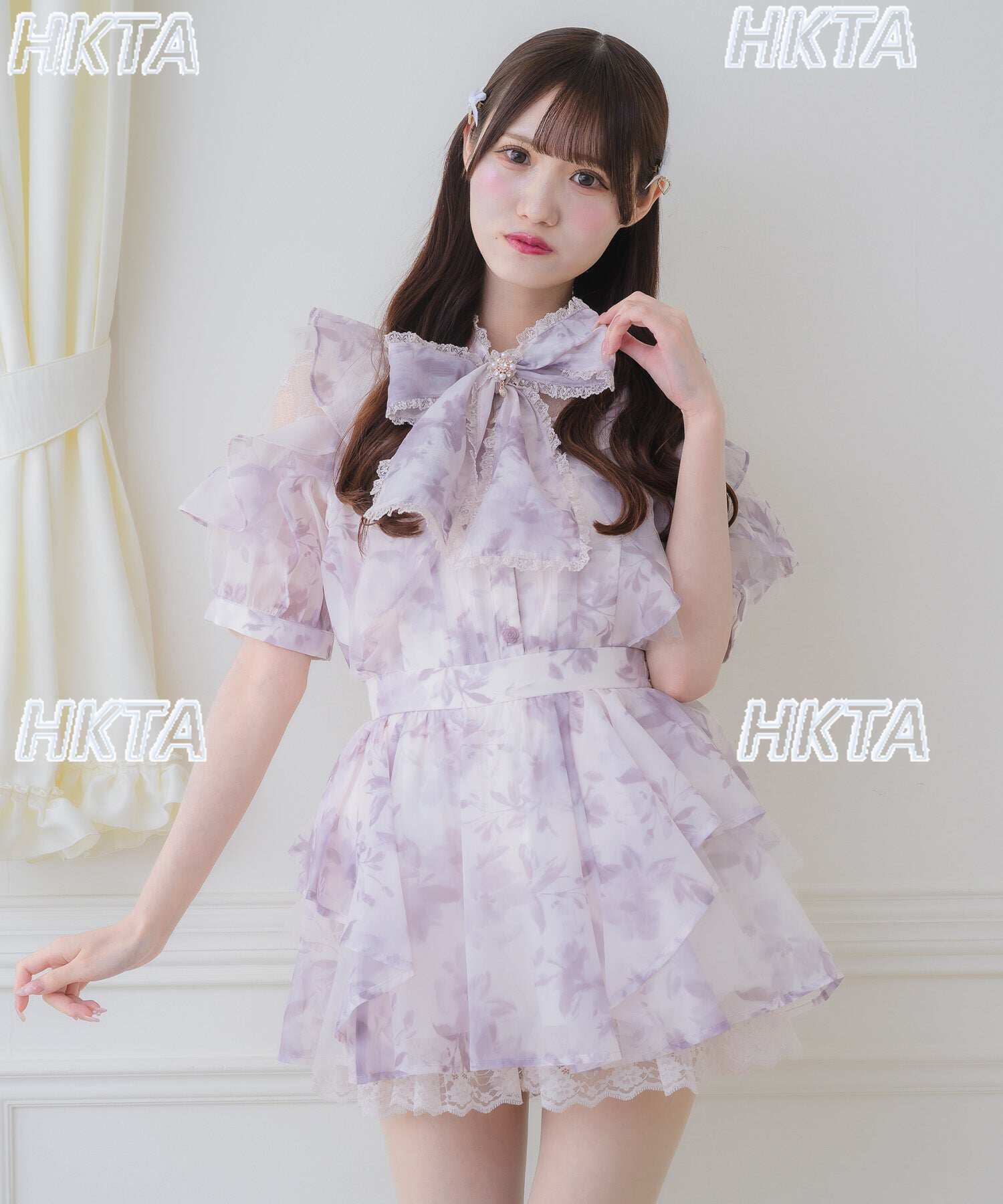 Puff Sleeve Blouse - 和菓子風花柄半袖シャツ夏の新しい女性のブラウスレーストリム蝶ネクタイウエストフリルシフォンミニスカートショーツセット