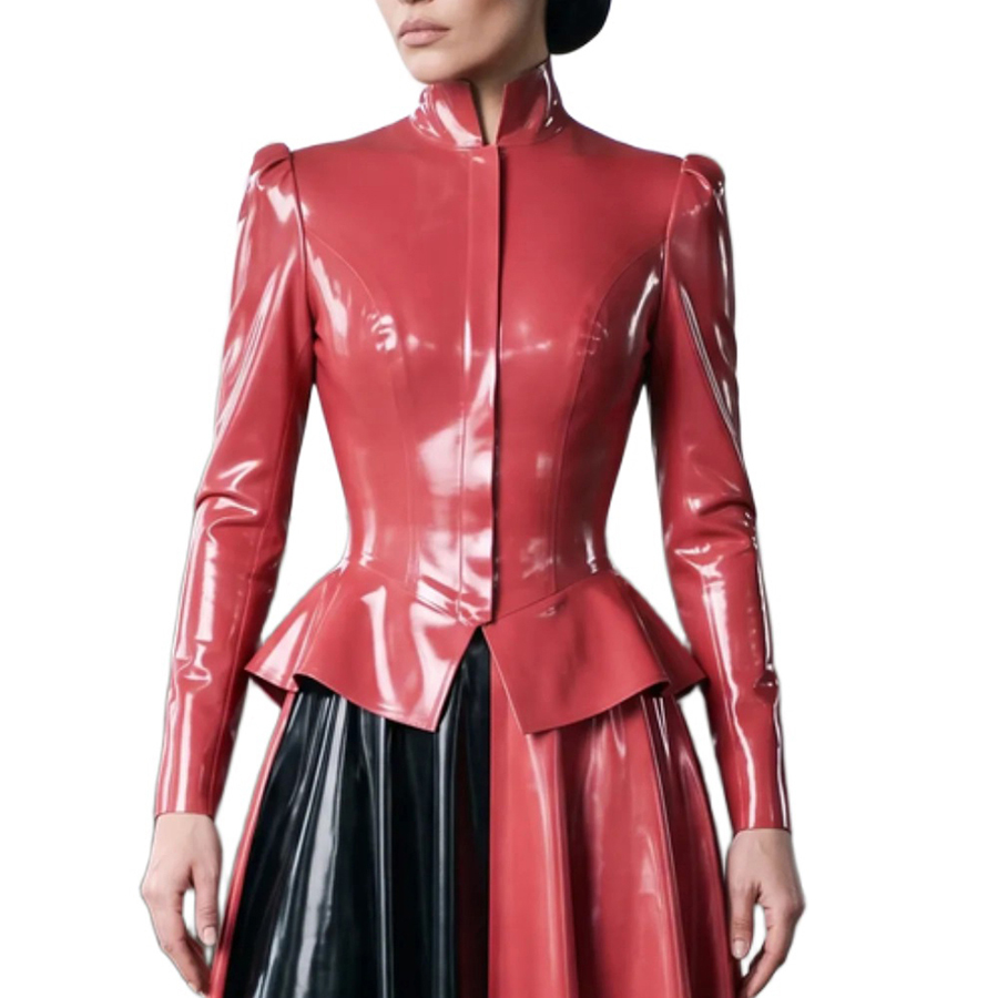 Puff Sleeve Blouse - セクシーなラテックスペプラムブラウス、隠しボタン付き、スタンドカラー、ロングパフスリーブ、ラバーライディングハビットシャツ、トップウェアユニフォーム436