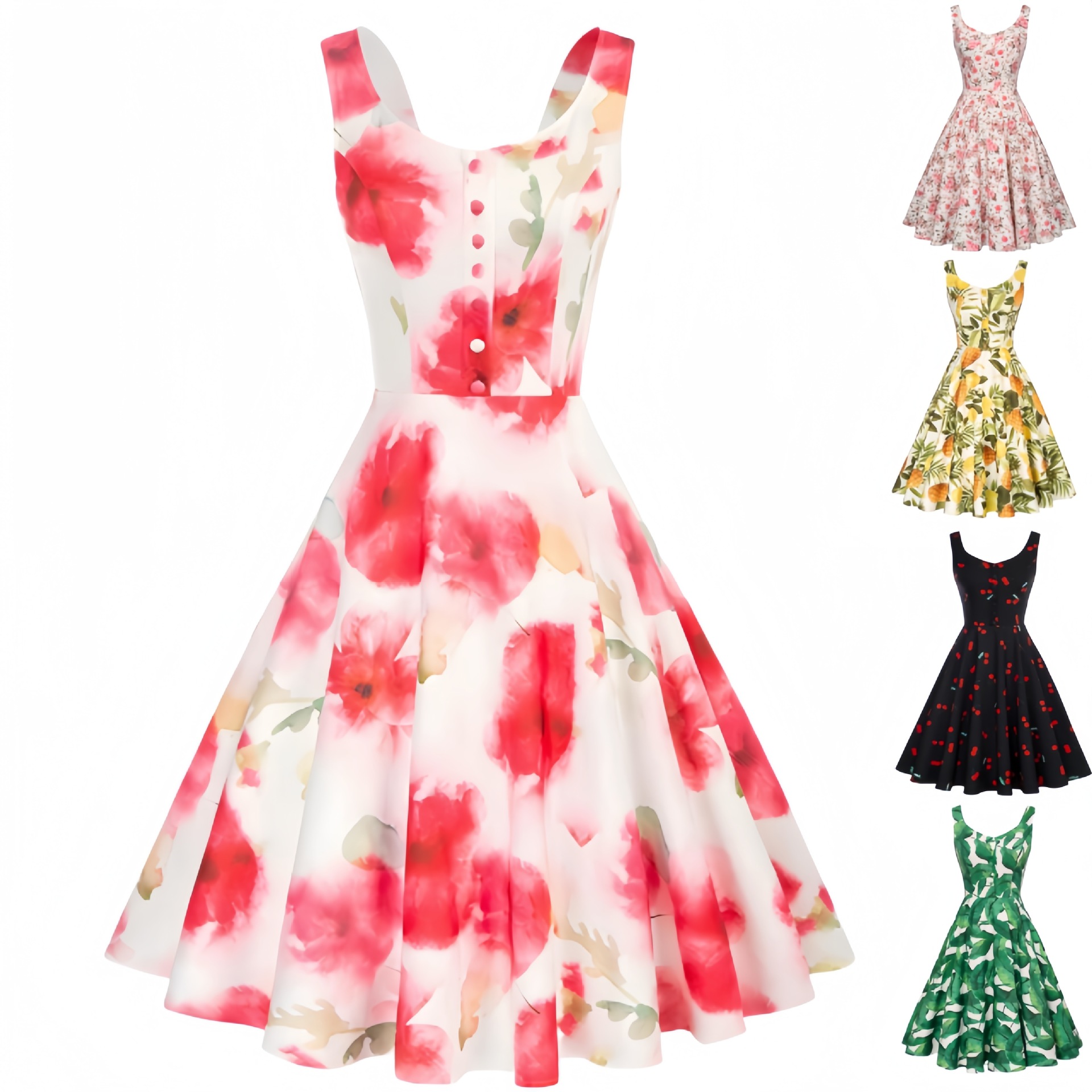 Women'S Fashion In The 1950S - 1950年代レトロノースリーブカクテルドレス夏プリントAラインホームカミングパーティー衣装