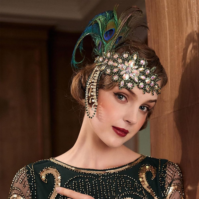 Women'S Fashion Roaring 20S - フェザー付きヴィンテージフラッパーヘッドバンド、20年代の素晴らしいギャツビーヘッドピース、ヘアアクセサリー、1920年代