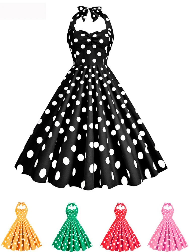 Women'S Fashion In The 1950S - 2026年夏ファッションセクシーホルターネックレディースレトロポルカドットドレス1950年代60年代ロックabillyポルカドットボウピンナップスイングパーティーワンピース