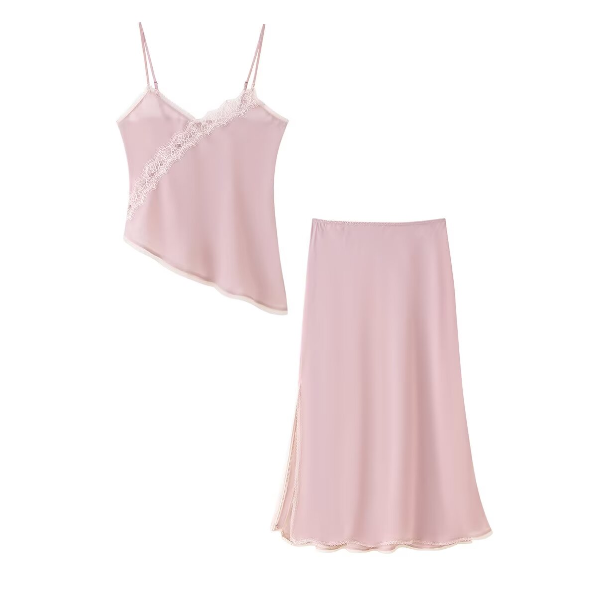Lace Trim Cami - Tidalyf 2025 レディース ピンク キャミトップとスカートセット ハートネックライン