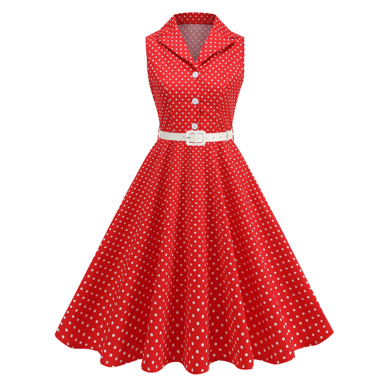 Women'S Fashion In The 1950S - 1950年代のフランスのアカデミックスタイルのレトロなノスタルジックでエレガントな甘い女の子の水玉模様の襟のないファッション気質のノースリーブサマードレス