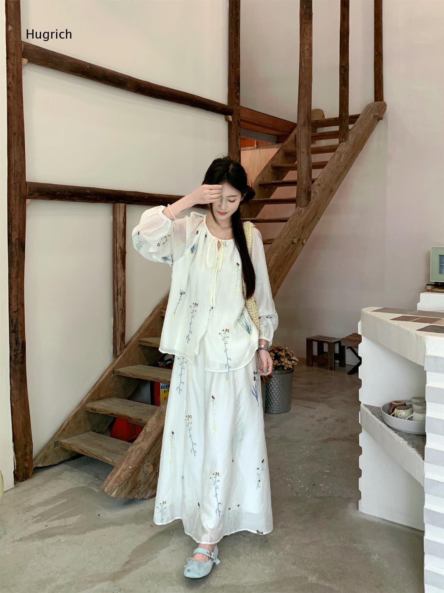 Puff Sleeve Blouse - デイリーバケーション ホワイトフローラル ツーピースセット タイネック パフスリーブブラウス ハイウエスト