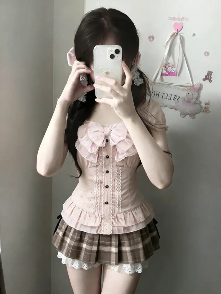 Lace Trim Cami - 日本の可愛い3点セット レディース レースボウブラウス+キャミソール+チェック柄フリルミニスカート Y2K ヴィンテージ カワイイ