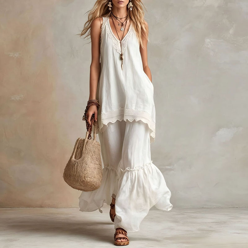 女性用レーストリム2ピースマッチングセットVネックノースリー - Lace Trim Cami のレビューと価格