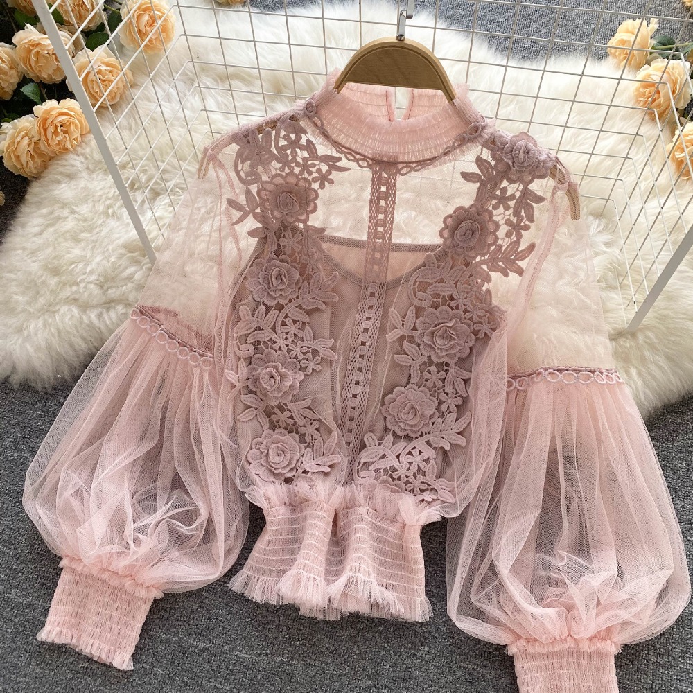 2 ピース/セットレースパフ長袖ブラウスヴィンテージファッシ - Puff Sleeve Blouse のレビューと価格