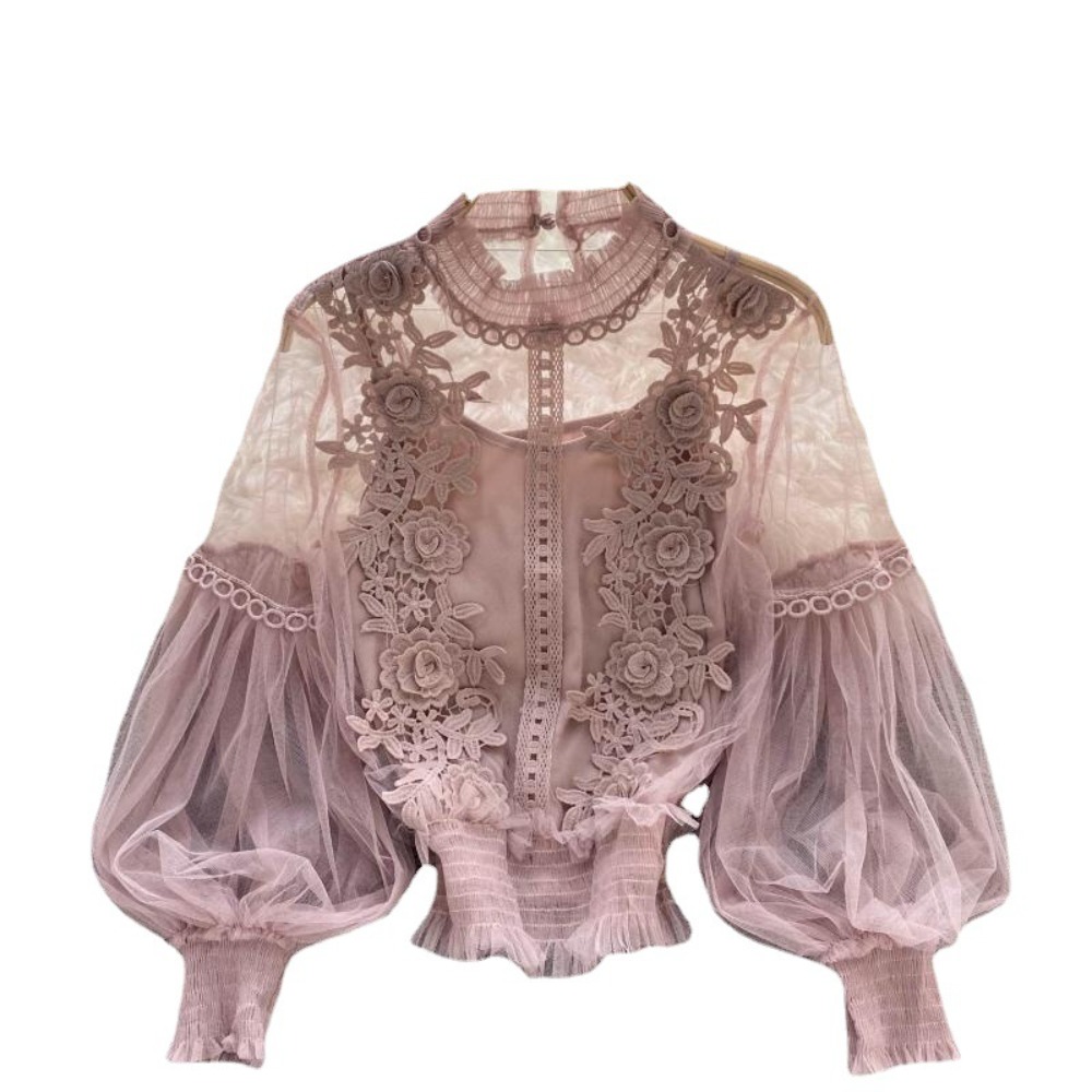 2 ピース/セットレースパフ長袖ブラウスヴィンテージファッシ - Puff Sleeve Blouse のレビューと価格