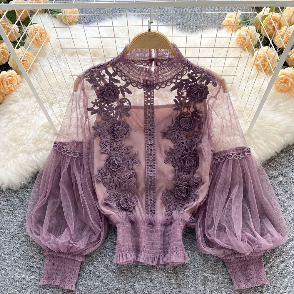 2 ピース/セットレースパフ長袖ブラウスヴィンテージファッシ - Puff Sleeve Blouse のレビューと価格
