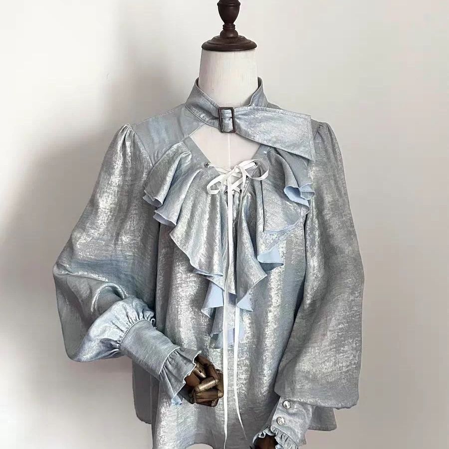 和菓子風クールフリルトリムレースアップパフスリーブシャツティ - Puff Sleeve Blouse のレビューと価格