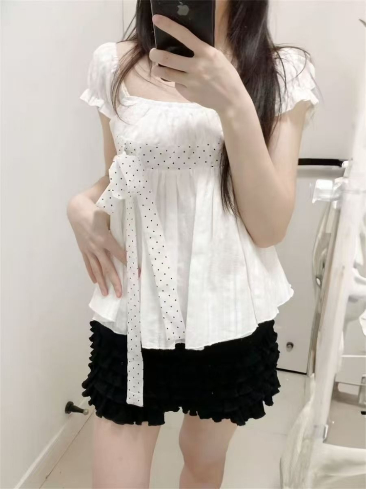 かわいい韓国ファッション水玉模様のリボンパフスリーブ白黒 2 - Puff Sleeve Blouse のレビューと価格