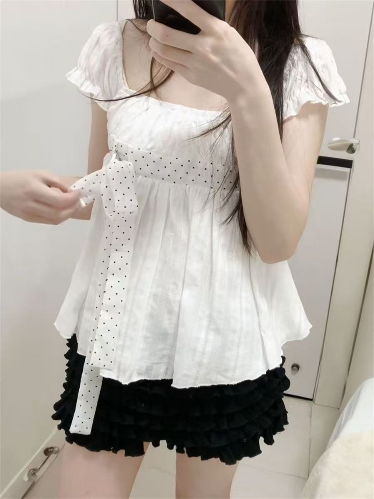 かわいい韓国ファッション水玉模様のリボンパフスリーブ白黒 2 - Puff Sleeve Blouse のレビューと価格