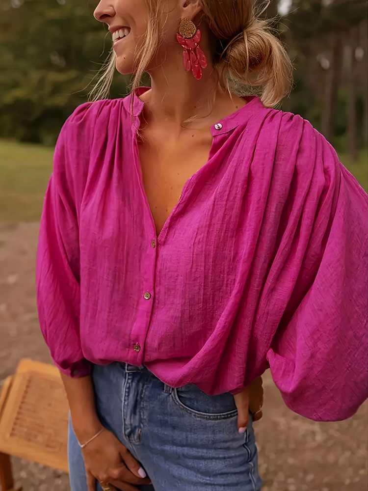 新しいエレガントなスタンドカラー長袖シャツプラスサイズレディ - Puff Sleeve Blouse のレビューと価格