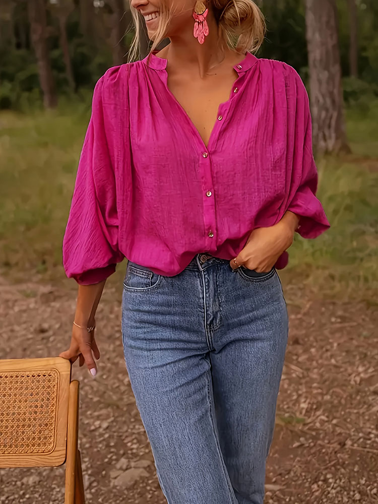 新しいエレガントなスタンドカラー長袖シャツプラスサイズレディ - Puff Sleeve Blouse のレビューと価格