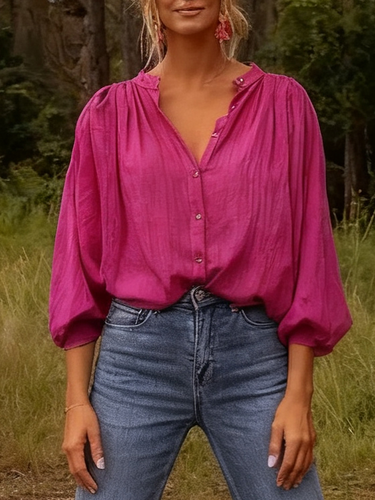 新しいエレガントなスタンドカラー長袖シャツプラスサイズレディ - Puff Sleeve Blouse のレビューと価格