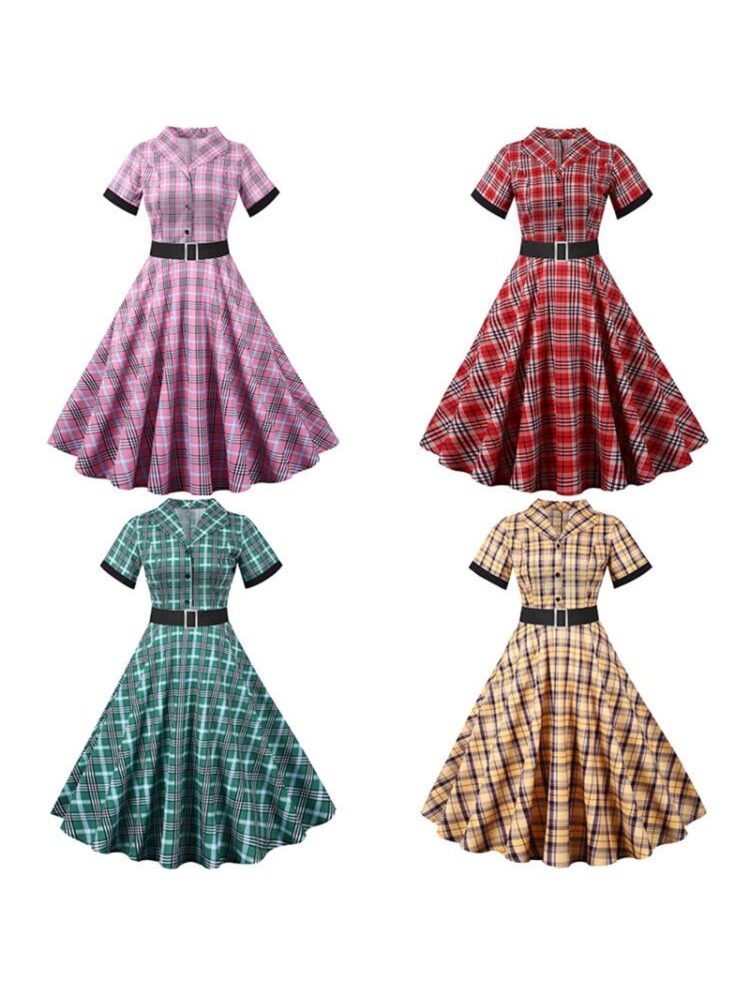 チェック柄のロッカビリードレスとベルト,半袖,スーツの襟,ス - Women'S Fashion In The 1950S のレビューと価格