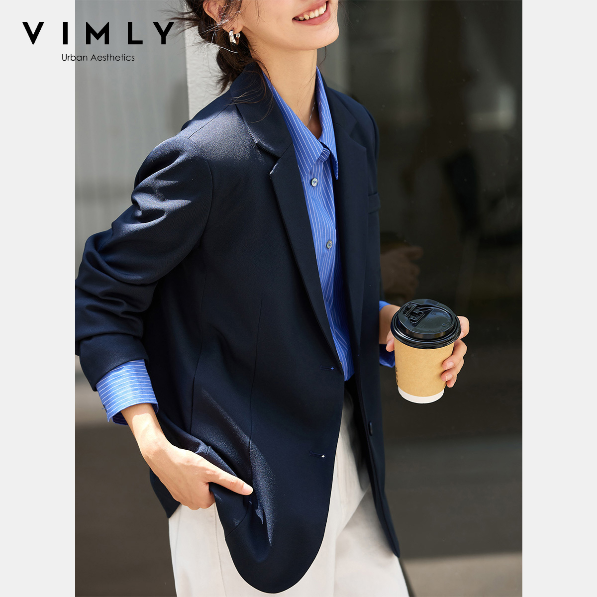 VIMLY レディース ネイビー ブルー ジャケット 秋 2 - Blazer Women Oversized のレビューと価格