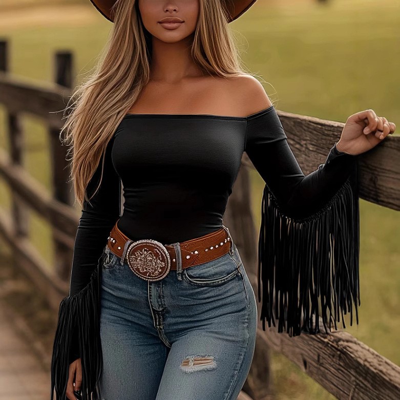 女性服長袖ブラウスフリンジオフショルダートップスソリッドカラ - Crop Top Women のレビューと価格