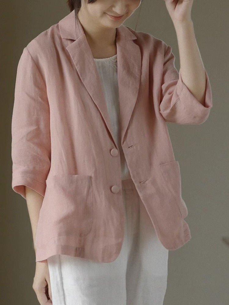 カジュアルルーズレディースリネンスーツジャケットスモールアウ - Blazer Women Oversized のレビューと価格