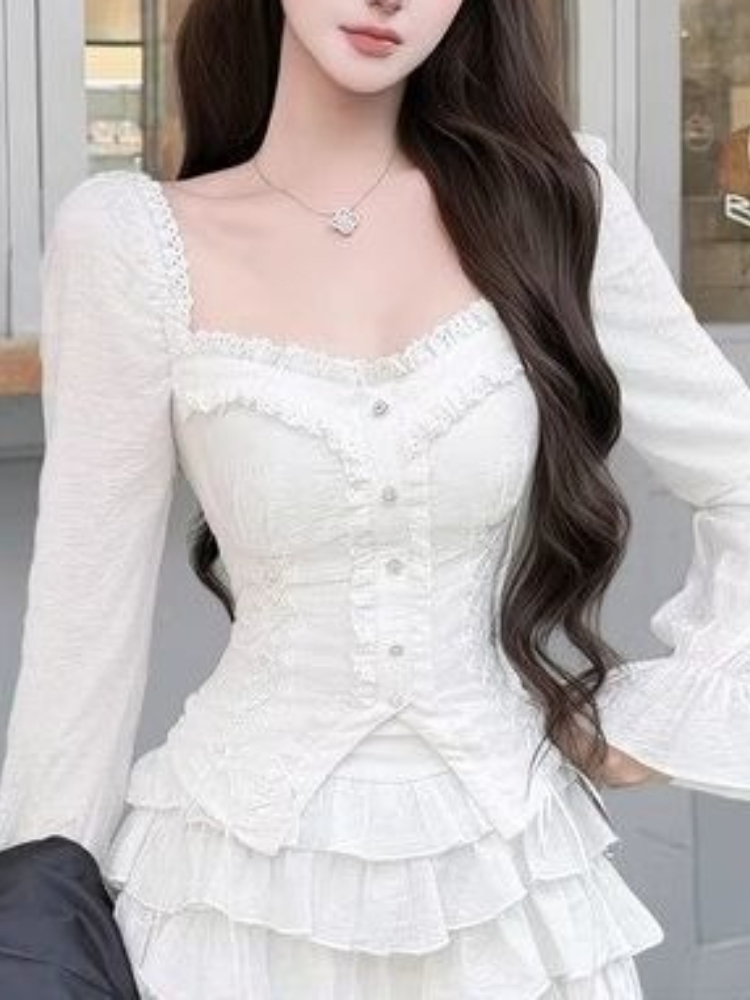 原宿風フレンチエレガント2ピースセット レディース スリムレ - Puff Sleeve Blouse のレビューと価格