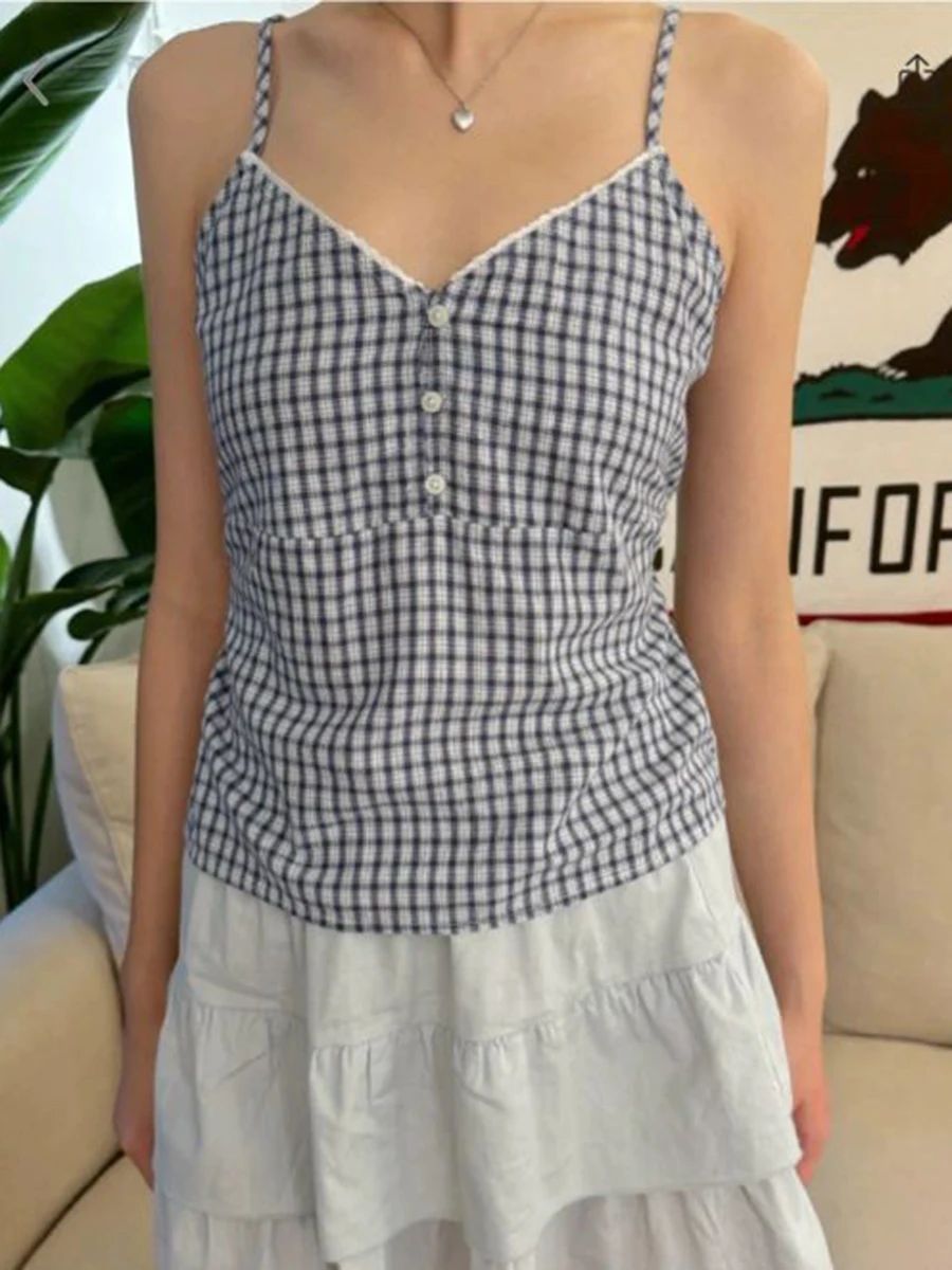 女性用コットン2点セット,ネイビーチェック柄タンクトップ,レ - Lace Trim Cami のレビューと価格