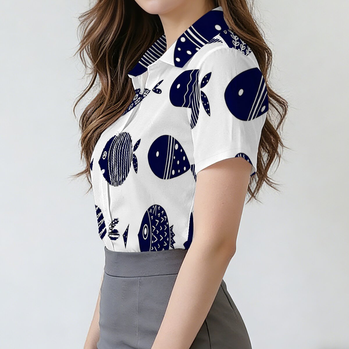 レディース夏用半袖ラペルシャツ、漫画の魚と海のスタイル、カジ - Women Fashion Fun のレビューと価格