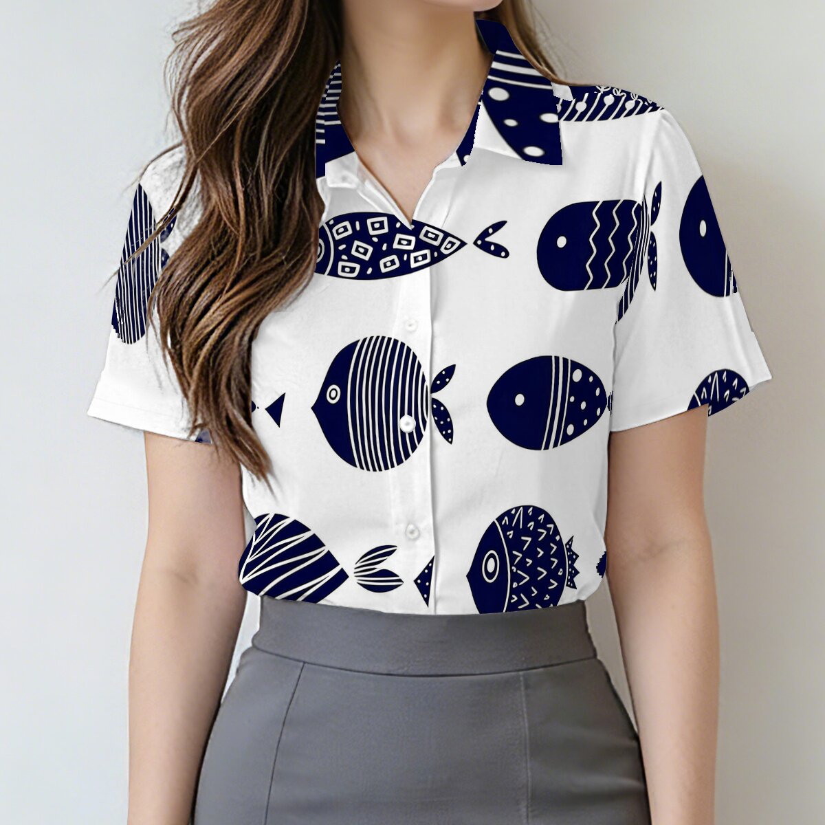 レディース夏用半袖ラペルシャツ、漫画の魚と海のスタイル、カジ - Women Fashion Fun のレビューと価格