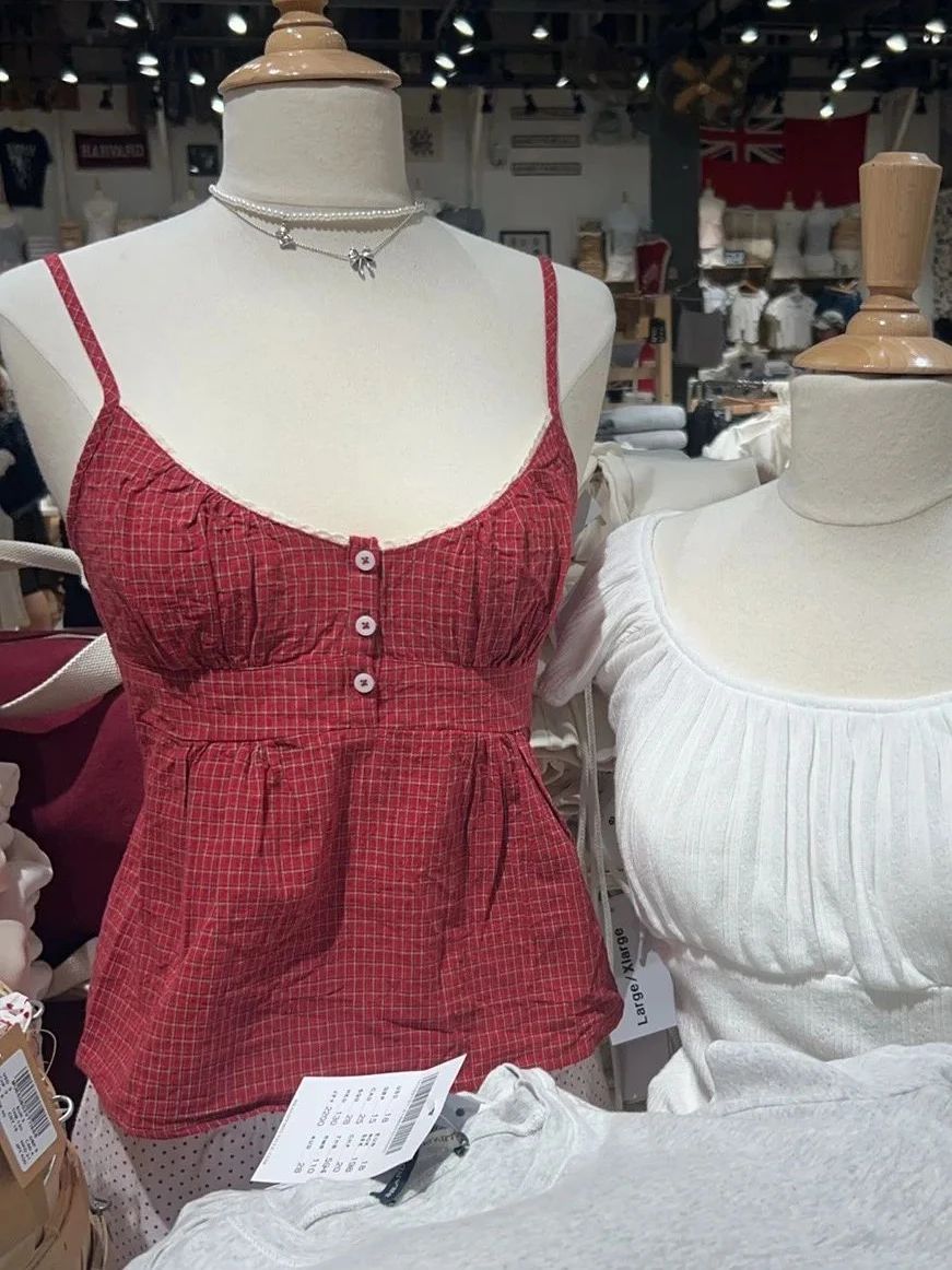 赤いチェック柄ボタンタンクショーツセット女性バックレースアッ - Lace Trim Cami のレビューと価格