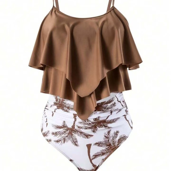 女性ビキニフリルトップハイウエストボトムパームプリントビキニ - Crop Top Women のレビューと価格