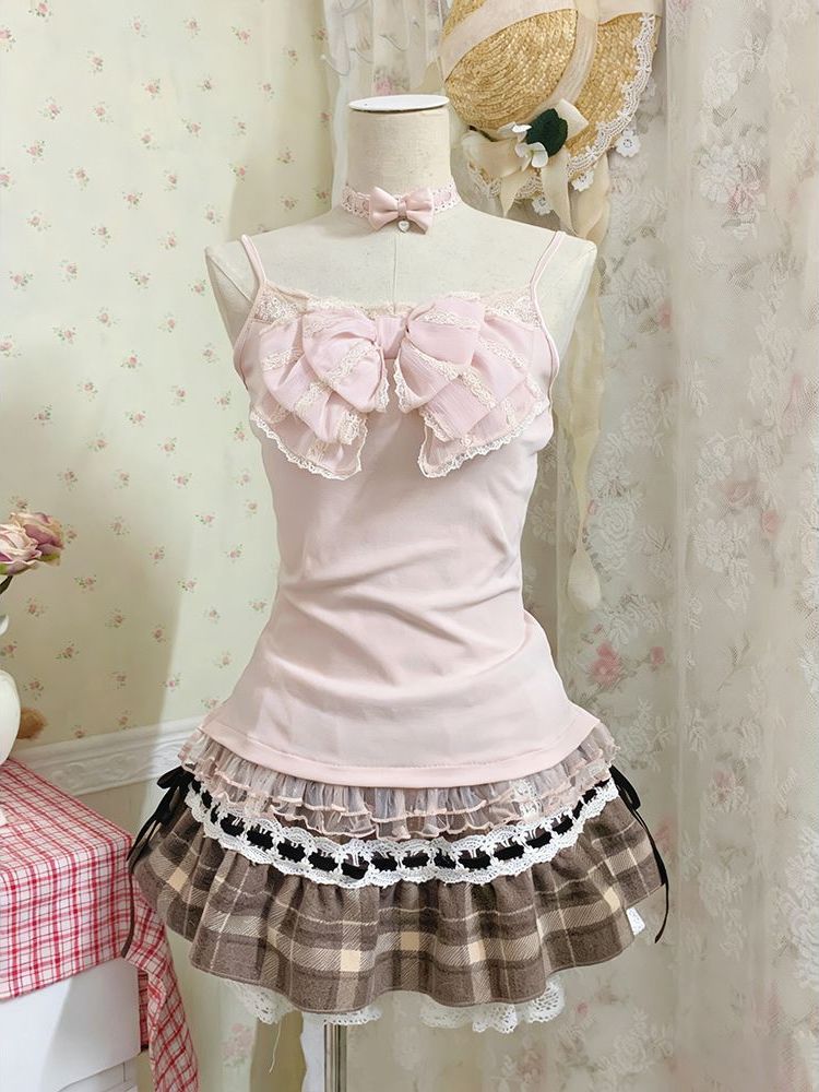 日本の可愛い3点セット レディース レースボウブラウス+キャ - Lace Trim Cami のレビューと価格