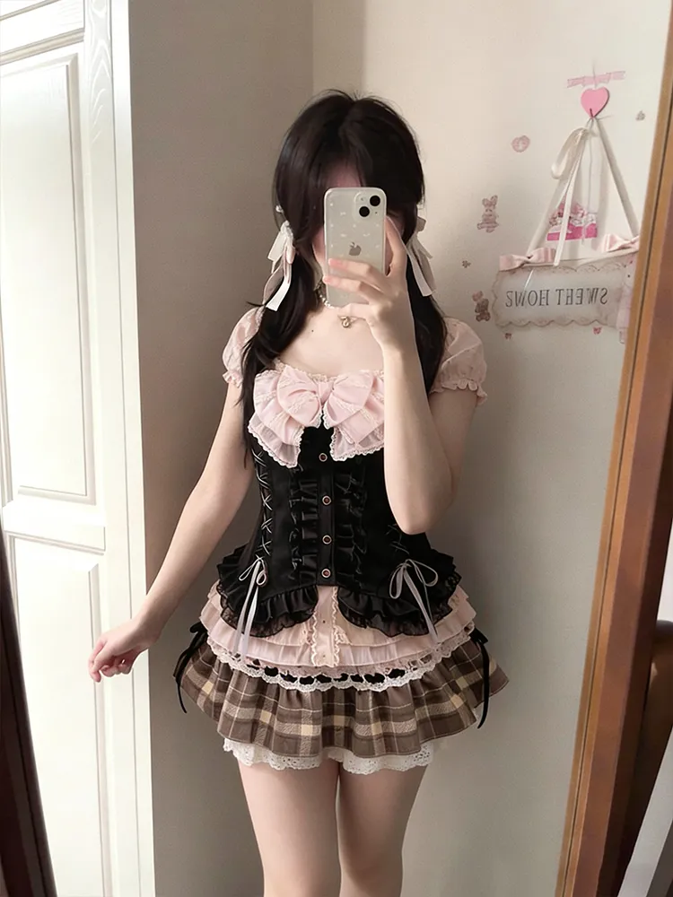 日本の可愛い3点セット レディース レースボウブラウス+キャ - Lace Trim Cami のレビューと価格